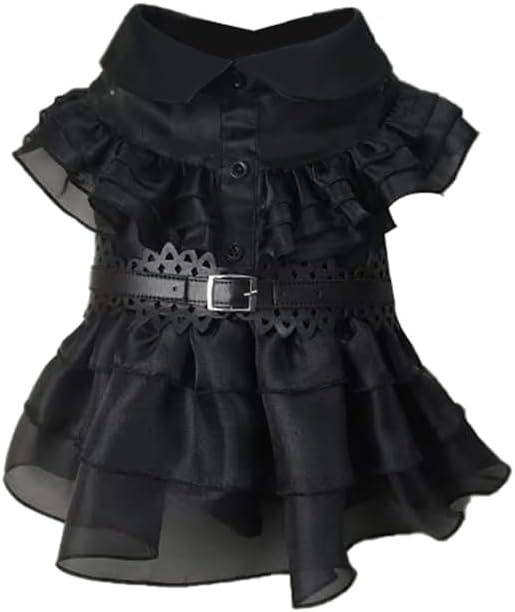 41X4PotGL2L._AC Pet Dog Cat Wednesday Dress Addams Costume Cosplay Cute Puppy Kitten Black Coat Clothes with Belt Halloween Party Dress up Pretend Play for Small Medium Dogs