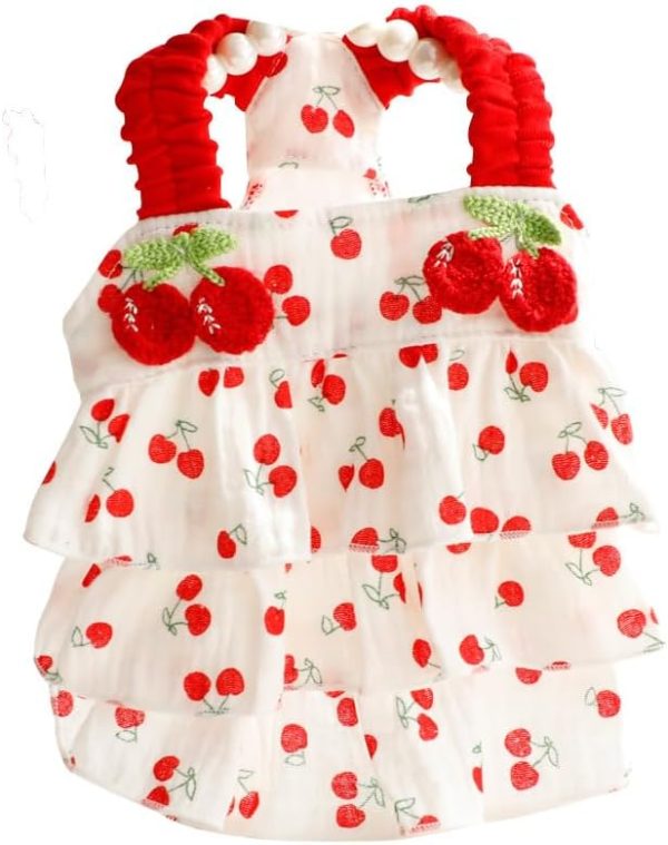 Dog Princess Dresses for Small Dogs Clothes Cherry Costume Pet Suspenders Girl Cat Cute Lace Coat Floral Outfits Summer Costumes (M,Cherry)