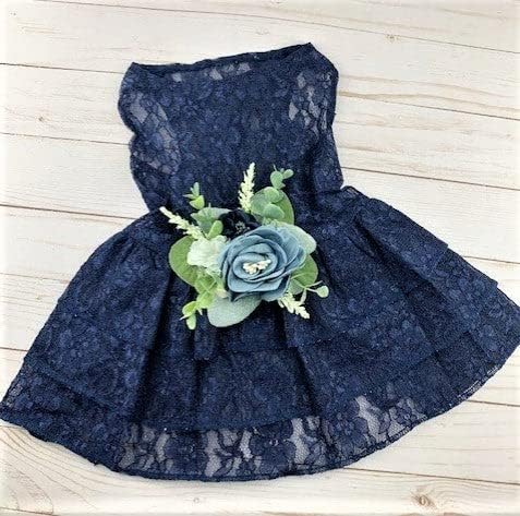 Navy Lace Dog Dress, Navy and Dusty Blue Floral Wedding Dog Dress, Dog Flower Girl Dress, The Aquanetta Wedding Dog Dress, Dog Clothes (X-Small (3-6 lbs))