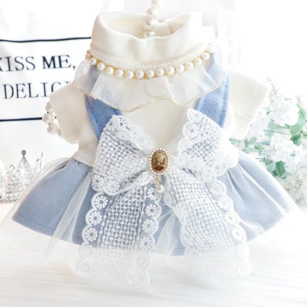 Dog Princess Dresses for Small Dogs Lolita Clothes Bow Costume Pet Girl Cute Coat Outfits Fall Blue Costumes (M,Blue)