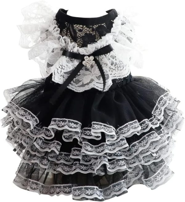 Dog Wedding Dresses for Small Dogs Lolita Clothes Princess Cat Costume Lace Black Pet Girl Cute Coat Outfits Summer Costumes (M,Black)