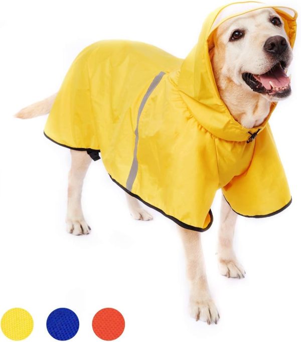 Dog Raincoat with Adjustable Belly Strap and Leash Hole - Hoodie with Reflective Strip - Waterproof Slicker Lightweight Breathable Rain Poncho Jacket for Medium Large Dogs - Easy to Wear, Yellow 5XL