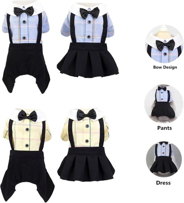 Yellow Dog Overalls Pet Couples Dress Pant Plaid Puppy T-Shirts Jumpsuit Clothes for Small Medium Dogs Cats for Party Birthday, M