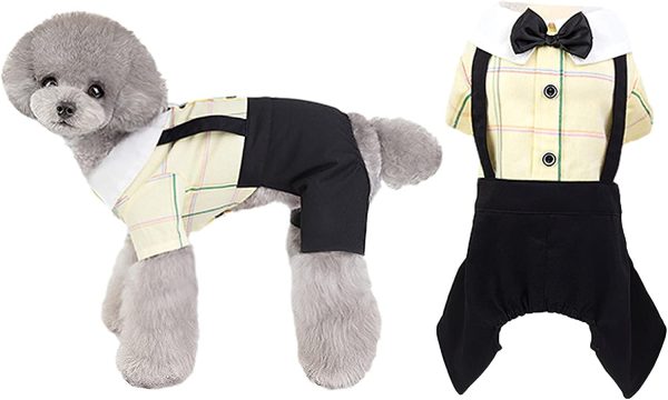 Yellow Dog Overalls Pet Couples Dress Pant Plaid Puppy T-Shirts Jumpsuit Clothes for Small Medium Dogs Cats for Party Birthday, M