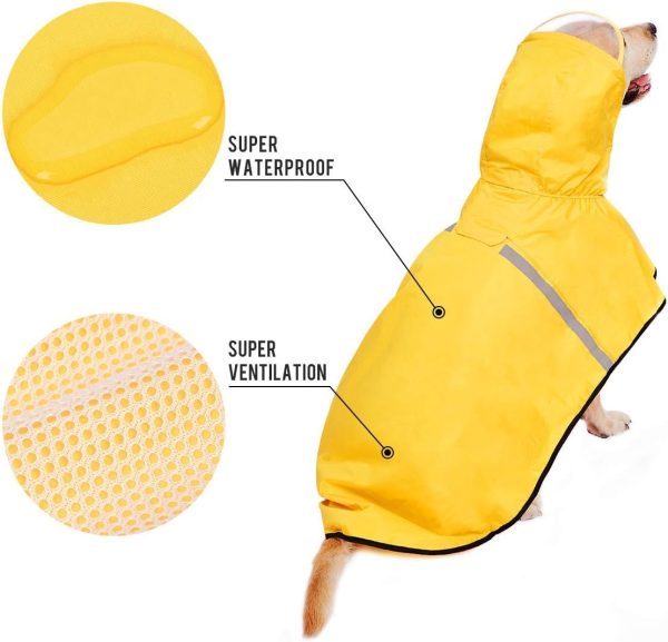 Dog Raincoat with Adjustable Belly Strap and Leash Hole - Hoodie with Reflective Strip - Waterproof Slicker Lightweight Breathable Rain Poncho Jacket for Medium Large Dogs - Easy to Wear, Yellow 5XL
