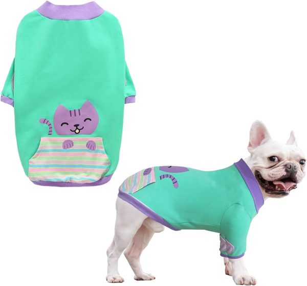 Dog T-Shirts 100% Cotton Soft Puppy Clothes Cute Prints Dogs Pocket Shirt for Small Dogs (Small PinkCat)