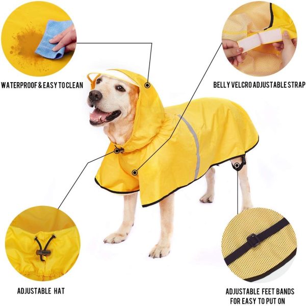 Dog Raincoat with Adjustable Belly Strap and Leash Hole - Hoodie with Reflective Strip - Waterproof Slicker Lightweight Breathable Rain Poncho Jacket for Medium Large Dogs - Easy to Wear, Yellow 5XL