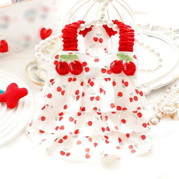 Dog Princess Dresses for Small Dogs Clothes Cherry Costume Pet Suspenders Girl Cat Cute Lace Coat Floral Outfits Summer Costumes (M,Cherry)
