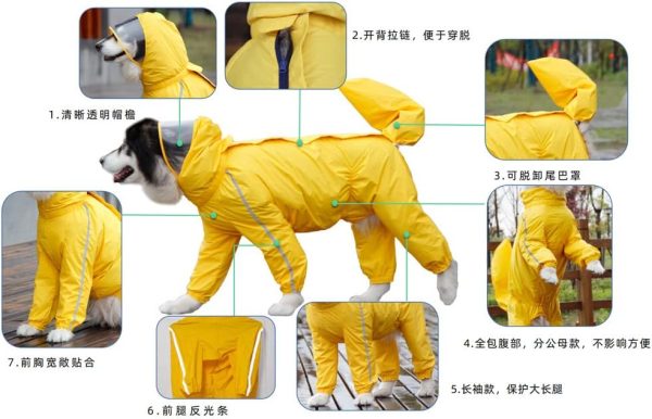 61_EaSCt7VL._AC_SL1000 Dog Raincoat, 4 Legs Large Dog Rain Jacket with Reflective Stripe,Dog Hooded Waterproof Raincoats for Big Dogs,Large Breeds Dogs Rain Jackets with Legs,Tail- Male Dog (Yellow,12XL)