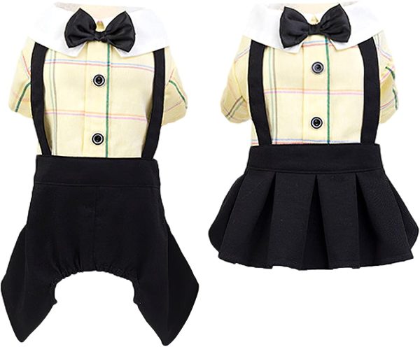 Yellow Dog Overalls Pet Couples Dress Pant Plaid Puppy T-Shirts Jumpsuit Clothes for Small Medium Dogs Cats for Party Birthday, M