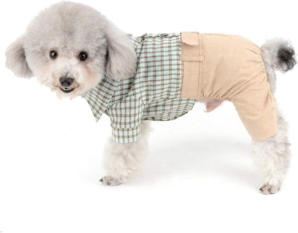 Button Down British Plaid Cotton Shirts Outfits for Small Dogs Boys with Belt Casual Pants Pet Puppy Jumpsuit Yokie Chihuahua Clothes,XXL,Green