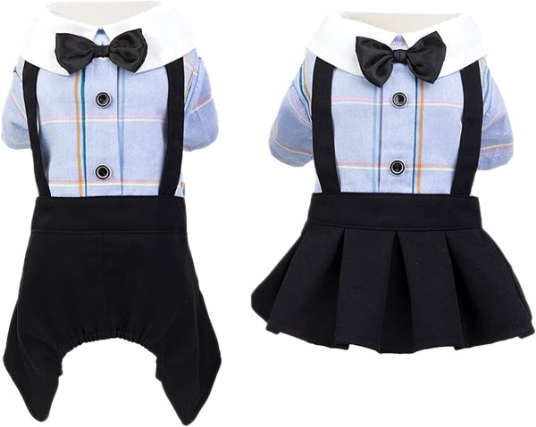 Yellow Dog Overalls Pet Couples Dress Pant Plaid Puppy T-Shirts Jumpsuit Clothes for Small Medium Dogs Cats for Party Birthday, M