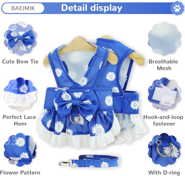 Dog Dress Harness and Leash Set for Small Dogs Floral Bow Tie Girl Puppy Dress Breathable Cute Princess Dog Dresses Spring Summer Pet Cat Clothes Skirt(Dark Blue,Medium)