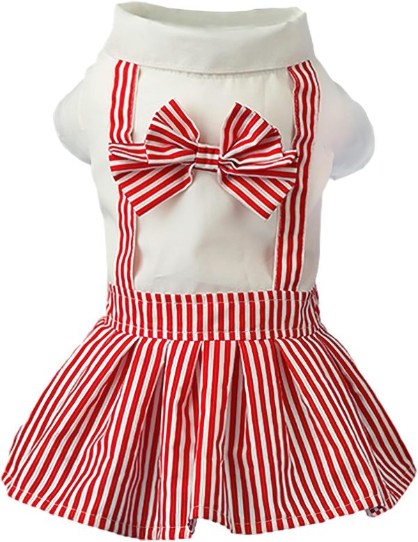 Red Dog Dresses with Bowtie Puppy Overalls Striped Pet Jumpsuit Casual Clothes Outfits for Small Dogs Cats, XL