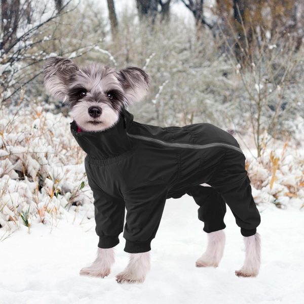 Dog Winter Coat with Legs,Water Resistant Dog Jumpsuit,Full Body Dog Clothes,Fleece Lined Dog Jacket,Reflective Zipper up Closure Snowsuit Ideal for Small Medium Dog Outdoor-Black-S