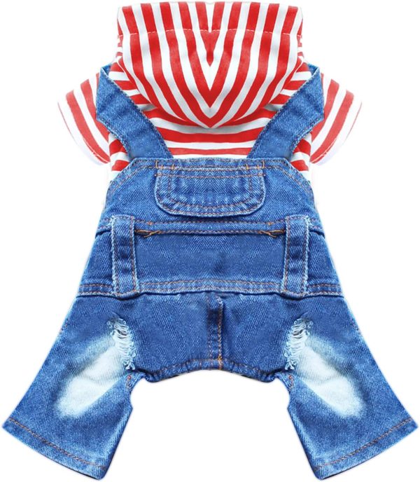 71I6UtNwG9L._AC_SL1500 Small Dog Hoodie Clothes Cute Stripe Shirts Denim Jumpsuit One-Piece Outfit for Small Medium Dogs Cats Boy Girl Chihuahua Blue Jeans Overalls Puppy Costume (Blue,M)