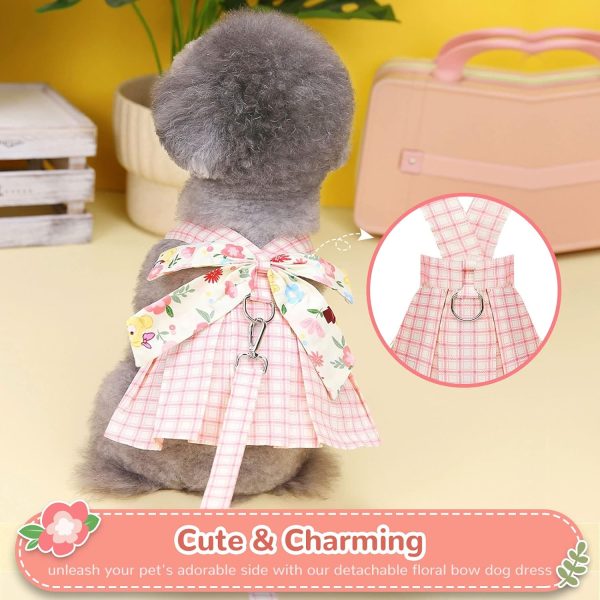 Cute Plaid Dog Dress Harness Leash Set for Small Medium Dog Cats Girl Pink Summer Pet Clothes Bowknot Puppy Princess Dresses Holiday Party Costume Outfits Chihuahua Yorkie Clothing（Pink,L）