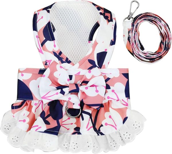 Dog Dress Harness and Leash Set for Small Dogs Floral Bow Tie Girl Puppy Dress Breathable Cute Princess Dog Dresses Spring Summer Pet Cat Clothes Skirt(Dark Blue,Medium)