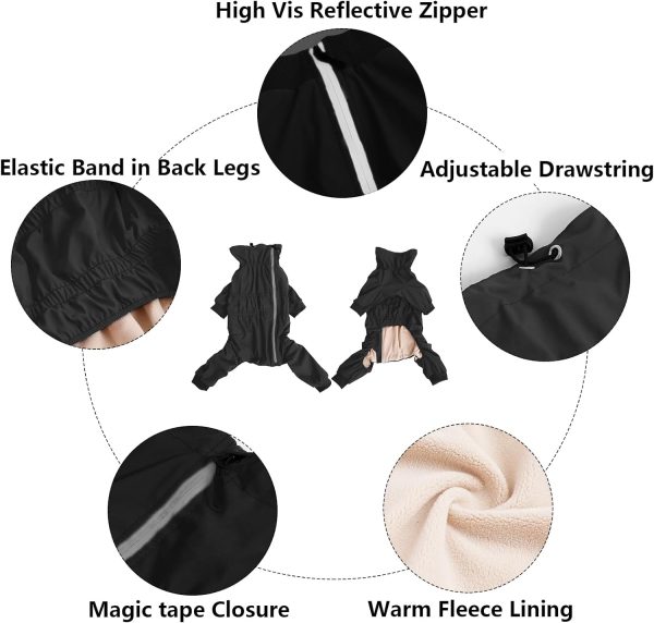 Dog Winter Coat with Legs,Water Resistant Dog Jumpsuit,Full Body Dog Clothes,Fleece Lined Dog Jacket,Reflective Zipper up Closure Snowsuit Ideal for Small Medium Dog Outdoor-Black-S