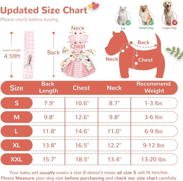Cute Plaid Dog Dress Harness Leash Set for Small Medium Dog Cats Girl Pink Summer Pet Clothes Bowknot Puppy Princess Dresses Holiday Party Costume Outfits Chihuahua Yorkie Clothing（Pink,L）