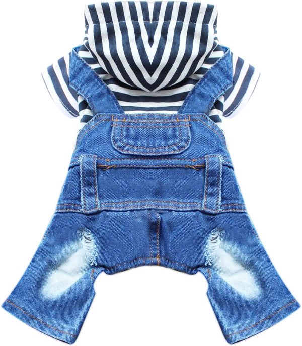 71XfwXCGRpL._AC_SL1500 Small Dog Hoodie Clothes Cute Stripe Shirts Denim Jumpsuit One-Piece Outfit for Small Medium Dogs Cats Boy Girl Chihuahua Blue Jeans Overalls Puppy Costume (Blue,M)