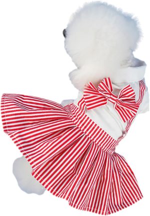 Red Dog Dresses with Bowtie Puppy Overalls Striped Pet Jumpsuit Casual Clothes Outfits for Small Dogs Cats, XL
