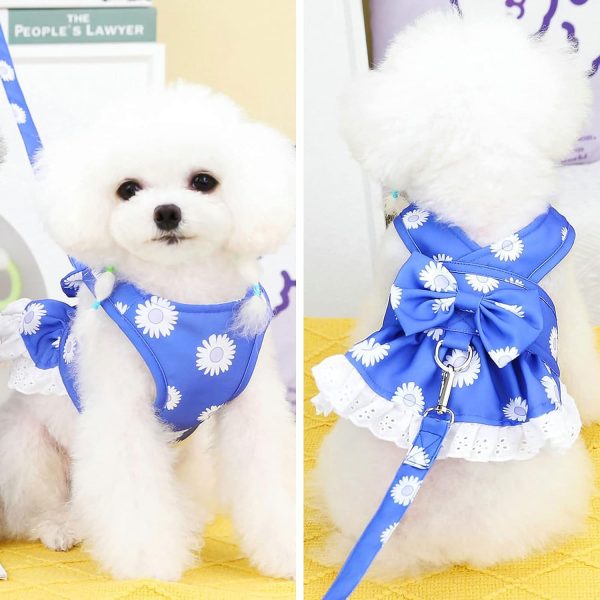 Dog Dress Harness and Leash Set for Small Dogs Floral Bow Tie Girl Puppy Dress Breathable Cute Princess Dog Dresses Spring Summer Pet Cat Clothes Skirt(Dark Blue,Medium)