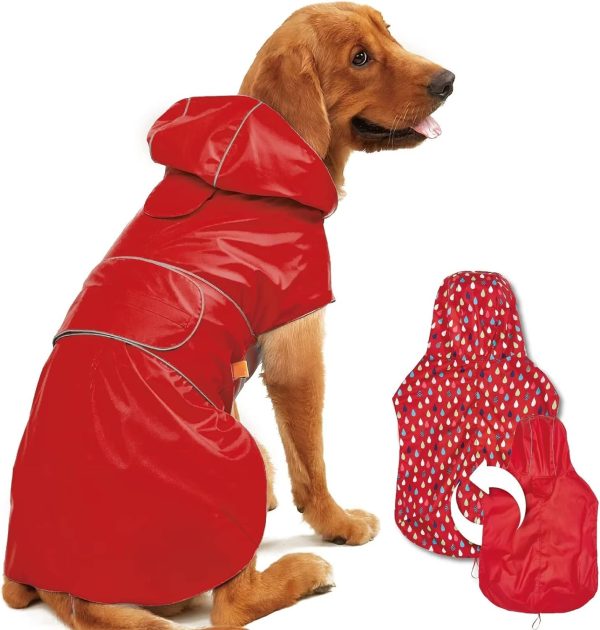 Dog Raincoat Reversible, Single Side Slicker Poncho Adjustable waterproof Dog Rain Jacket with Leash Hole/Reflective Stripe Hooded Snowproof Windproof Clothes for Small to 3X-Large Dogs, L