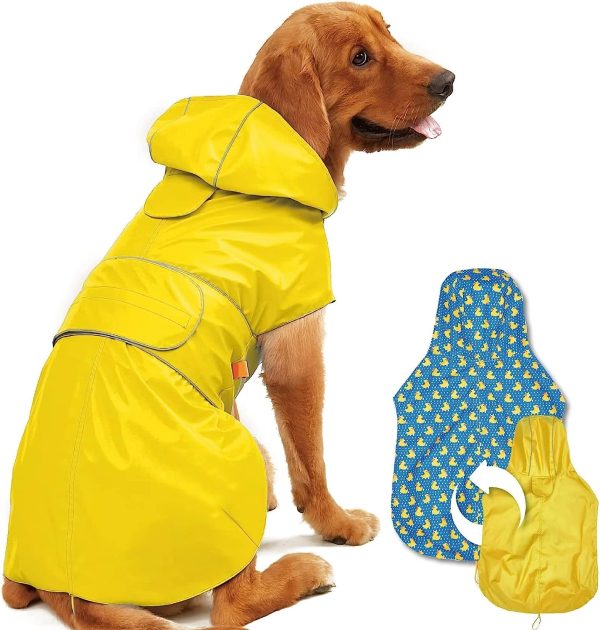 Dog Raincoat Reversible, Single Side Slicker Poncho Adjustable waterproof Dog Rain Jacket with Leash Hole/Reflective Stripe Hooded Snowproof Windproof Clothes for Small to 3X-Large Dogs, L
