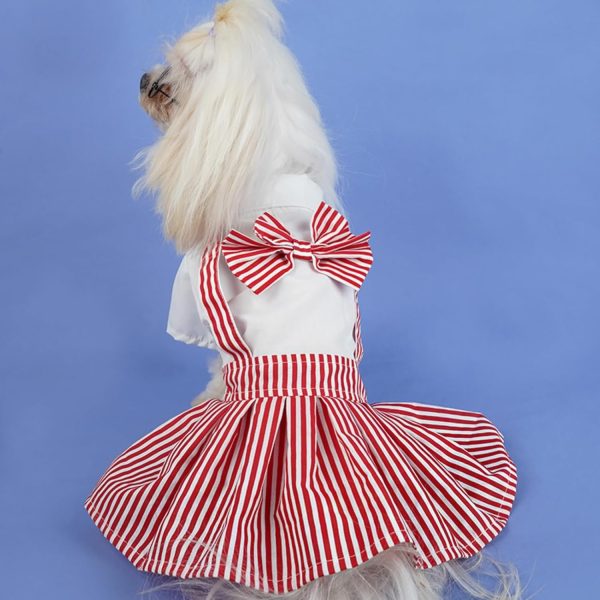Red Dog Dresses with Bowtie Puppy Overalls Striped Pet Jumpsuit Casual Clothes Outfits for Small Dogs Cats, XL