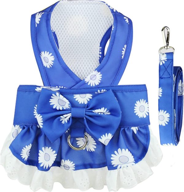 Dog Dress Harness and Leash Set for Small Dogs Floral Bow Tie Girl Puppy Dress Breathable Cute Princess Dog Dresses Spring Summer Pet Cat Clothes Skirt(Dark Blue,Medium)