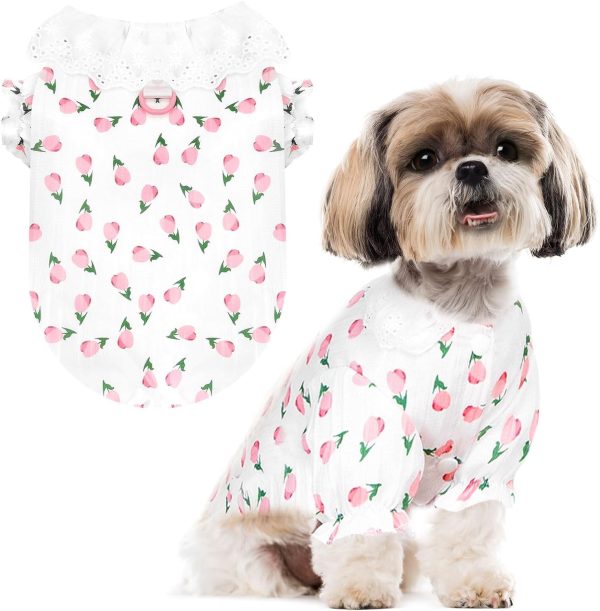 Cute Dog Clothes for Small Dogs Shirts Pajamas Pink Floral Pet Jumpsuit for Girls Boys Puppy Cat Outfits with Harness D Ring Doggy Overalls Clothing for Shih tzu Teacup Chihuahua Maltese