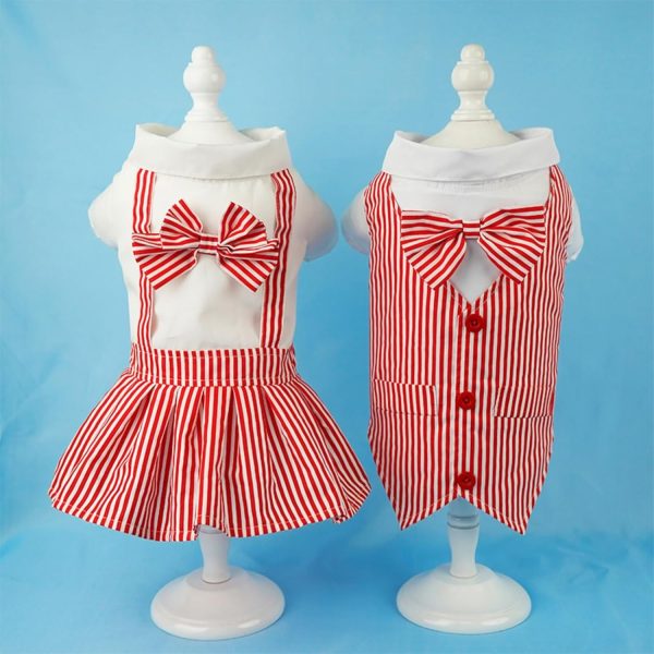 Red Dog Dresses with Bowtie Puppy Overalls Striped Pet Jumpsuit Casual Clothes Outfits for Small Dogs Cats, XL