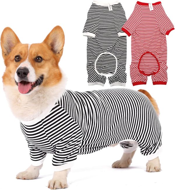 Dog Pajamas Cotton Striped Pup Jumpsuit, Breathable 4 Legs Basic Pjs Shirts for Puppy and Cat, Super Soft Stretchable Dog Jammies for Boys and Girls (Small, Pink+Green)