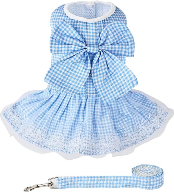 Dog Dress Plaid with Bowknot Cute Dress for Small Dog Cat Puppy Outfits with Harness Leash（ Pink，Medium ）