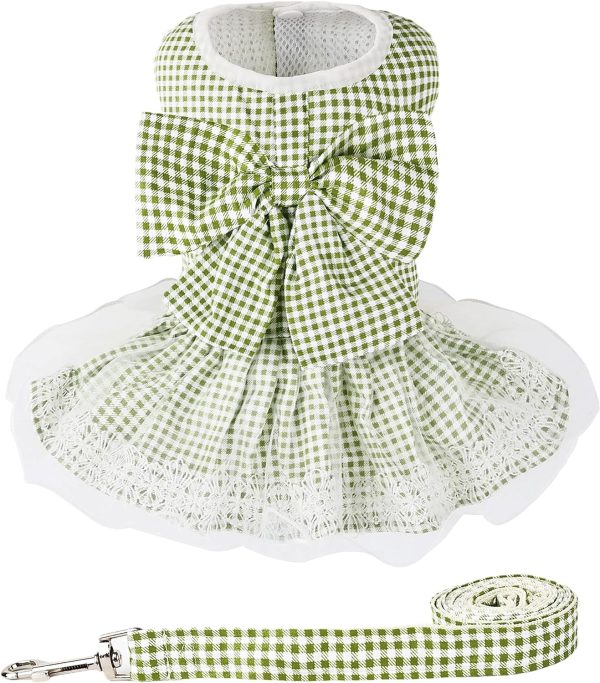 Dog Dress Plaid with Bowknot Cute Dress for Small Dog Cat Puppy Outfits with Harness Leash（ Pink，Medium ）