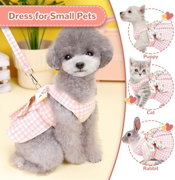 Cute Plaid Dog Dress Harness Leash Set for Small Medium Dog Cats Girl Pink Summer Pet Clothes Bowknot Puppy Princess Dresses Holiday Party Costume Outfits Chihuahua Yorkie Clothing（Pink,L）