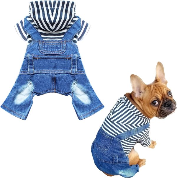 81bgPJ9RFvL._AC_SL1500 Small Dog Hoodie Clothes Cute Stripe Shirts Denim Jumpsuit One-Piece Outfit for Small Medium Dogs Cats Boy Girl Chihuahua Blue Jeans Overalls Puppy Costume (Blue,M)
