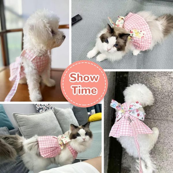 Cute Plaid Dog Dress Harness Leash Set for Small Medium Dog Cats Girl Pink Summer Pet Clothes Bowknot Puppy Princess Dresses Holiday Party Costume Outfits Chihuahua Yorkie Clothing（Pink,L）