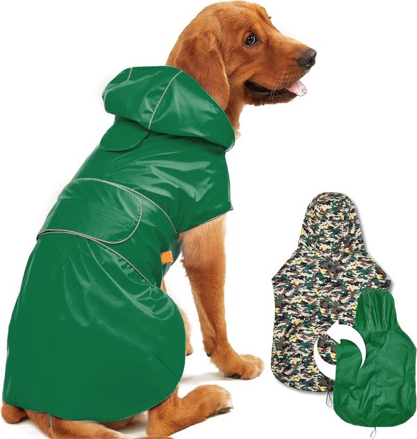 Dog Raincoat Reversible, Single Side Slicker Poncho Adjustable waterproof Dog Rain Jacket with Leash Hole/Reflective Stripe Hooded Snowproof Windproof Clothes for Small to 3X-Large Dogs, L
