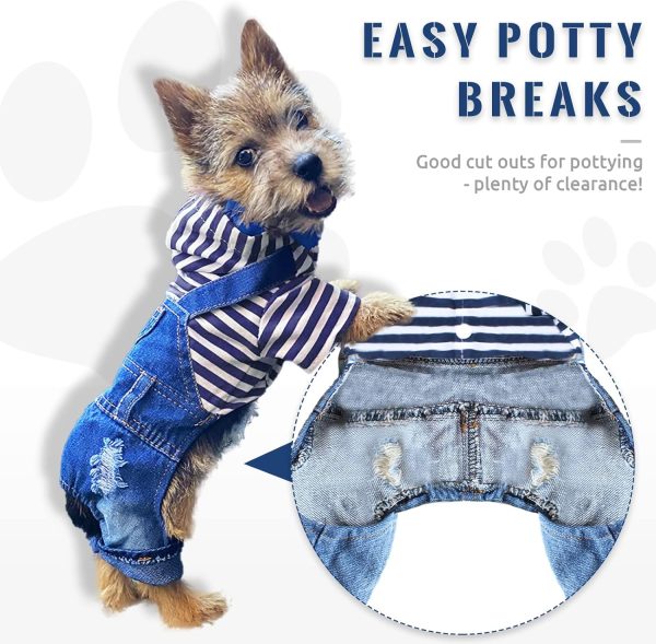 81g5Crm-VyL._AC_SL1500 Small Dog Hoodie Clothes Cute Stripe Shirts Denim Jumpsuit One-Piece Outfit for Small Medium Dogs Cats Boy Girl Chihuahua Blue Jeans Overalls Puppy Costume (Blue,M)