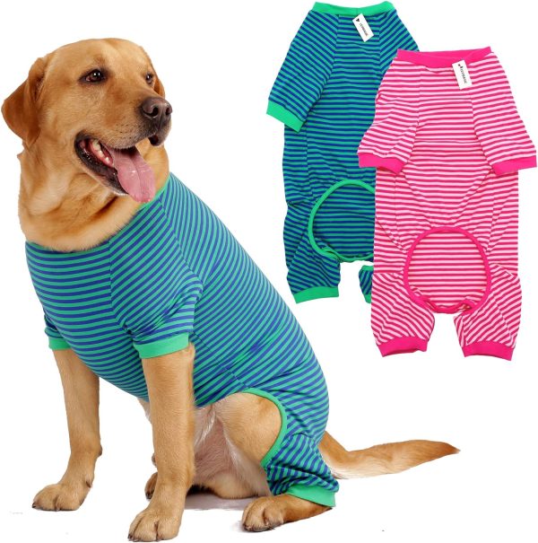 Dog Pajamas Cotton Striped Pup Jumpsuit, Breathable 4 Legs Basic Pjs Shirts for Puppy and Cat, Super Soft Stretchable Dog Jammies for Boys and Girls (Small, Pink+Green)