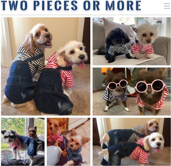 81kRId9A8mL._AC_SL1500 Small Dog Hoodie Clothes Cute Stripe Shirts Denim Jumpsuit One-Piece Outfit for Small Medium Dogs Cats Boy Girl Chihuahua Blue Jeans Overalls Puppy Costume (Blue,M)