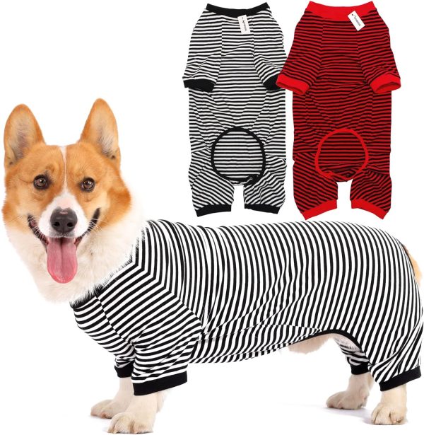 Dog Pajamas Cotton Striped Pup Jumpsuit, Breathable 4 Legs Basic Pjs Shirts for Puppy and Cat, Super Soft Stretchable Dog Jammies for Boys and Girls (Small, Pink+Green)