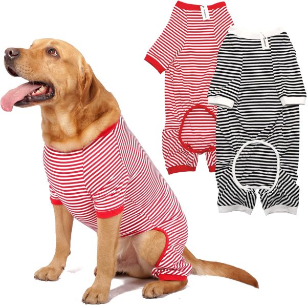 Dog Pajamas Cotton Striped Pup Jumpsuit, Breathable 4 Legs Basic Pjs Shirts for Puppy and Cat, Super Soft Stretchable Dog Jammies for Boys and Girls (Small, Pink+Green)